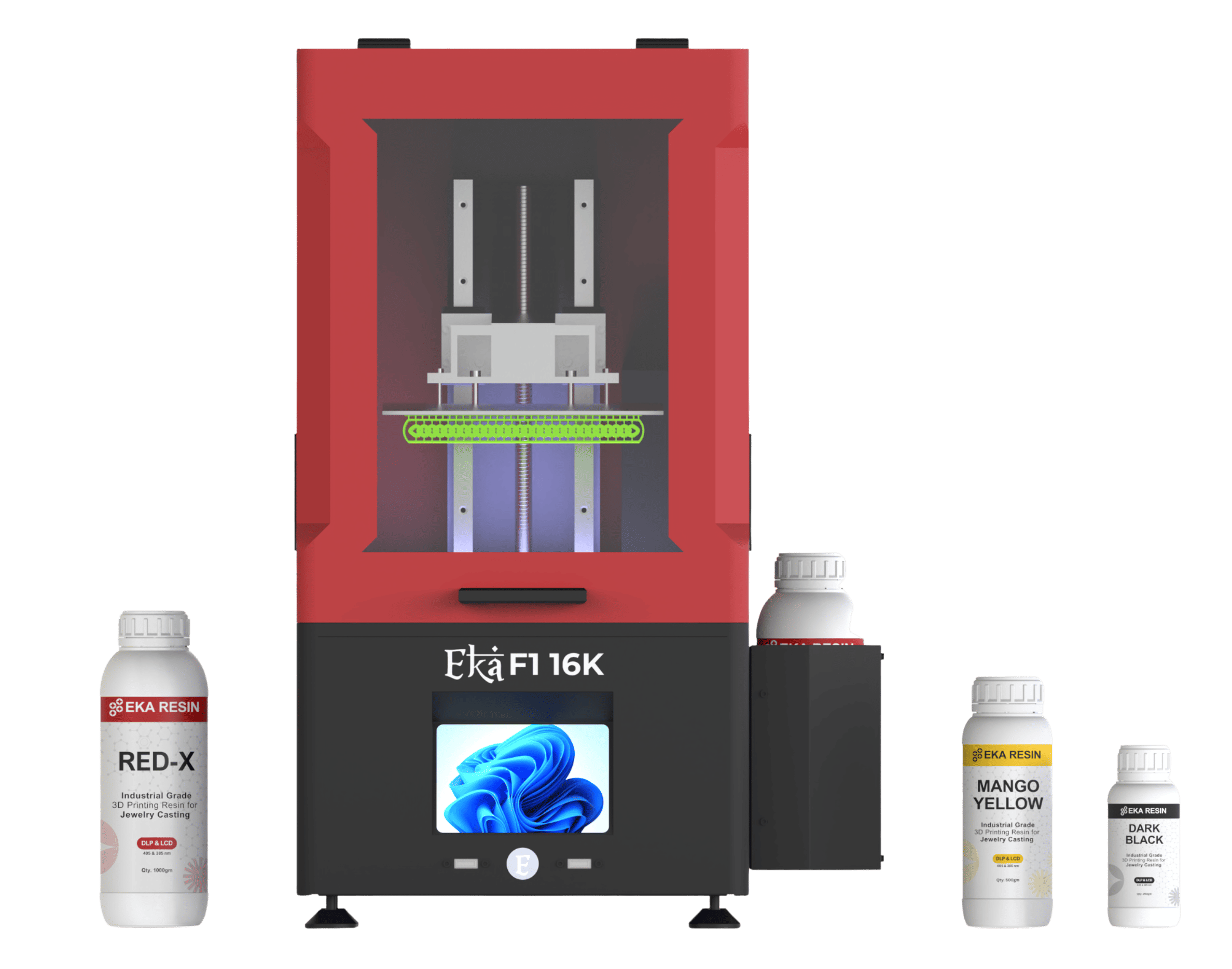 EKA F1 16K 3D Printer with EKA Resin Bottles